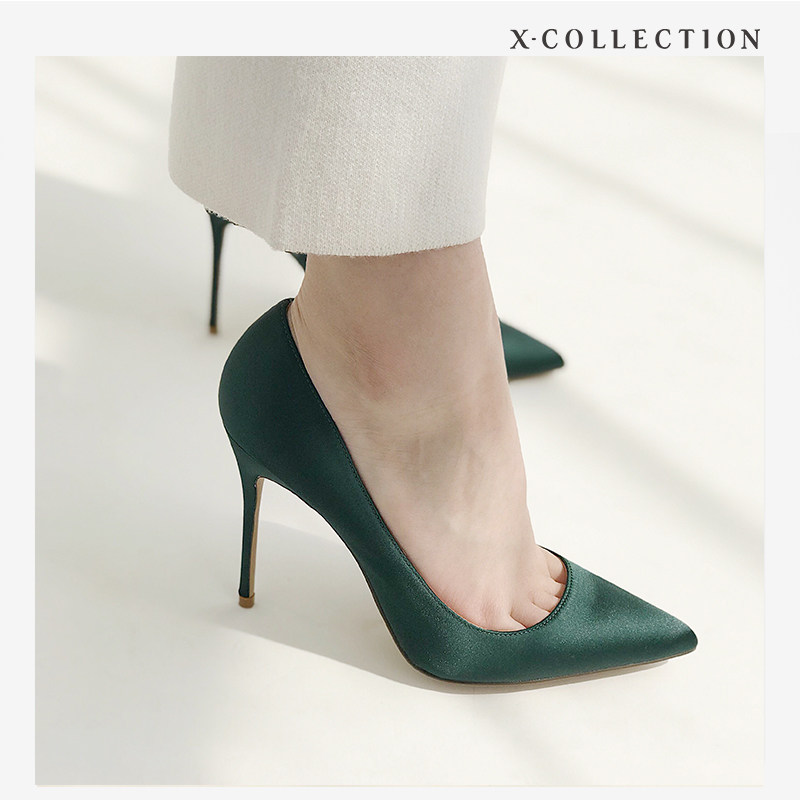 热销超高跟细跟单鞋_xcollection19经典超细跟尖头浅口鞋真丝真皮高跟