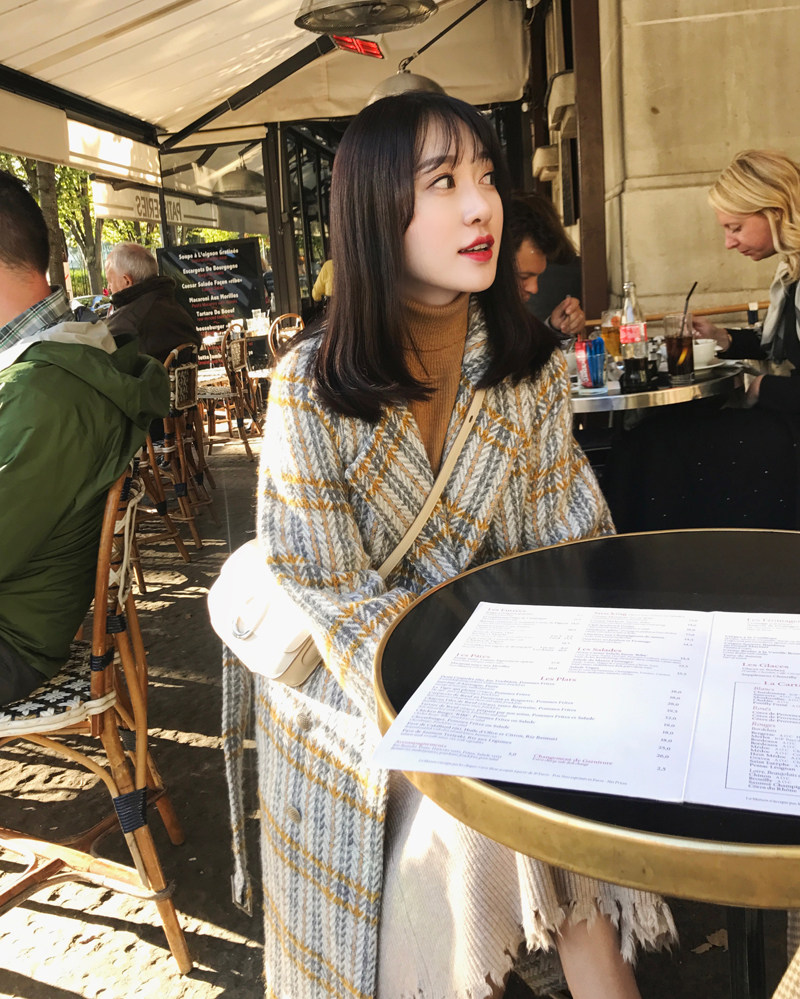 「卢洁云」cariedo 冬2017韩版复古编织粗毛呢大衣女加厚长款外套