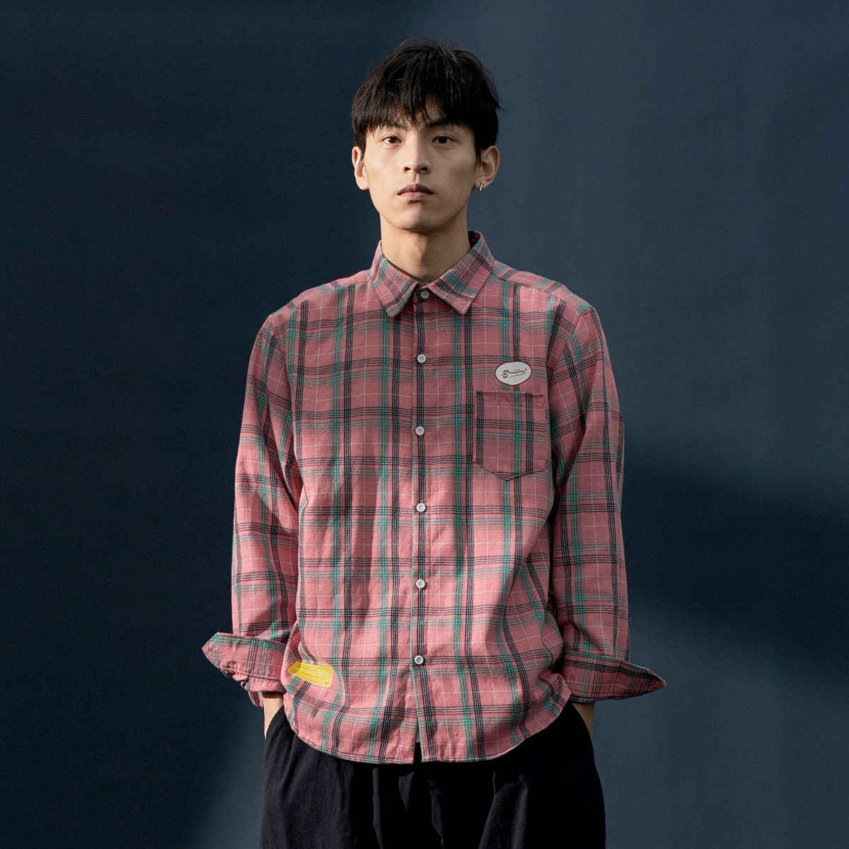 itsclimax 卡其格子拼接长袖衬衫男女情侣装秋季衬衣休闲百搭潮流