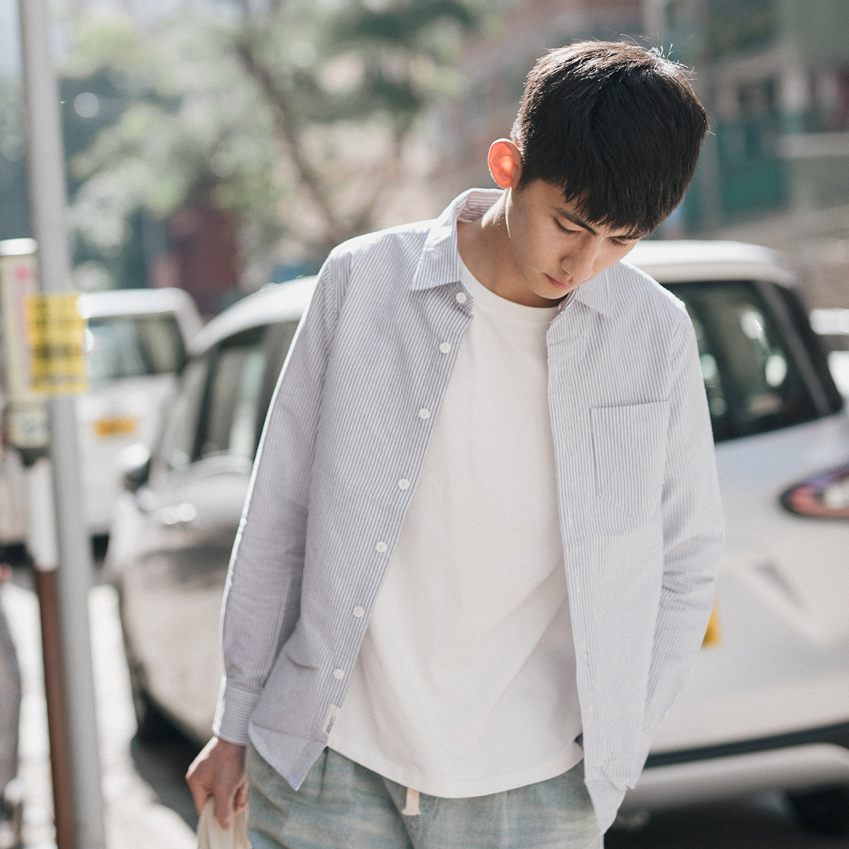 gboy春季日系文艺条纹衬衫男清新休闲水洗长袖