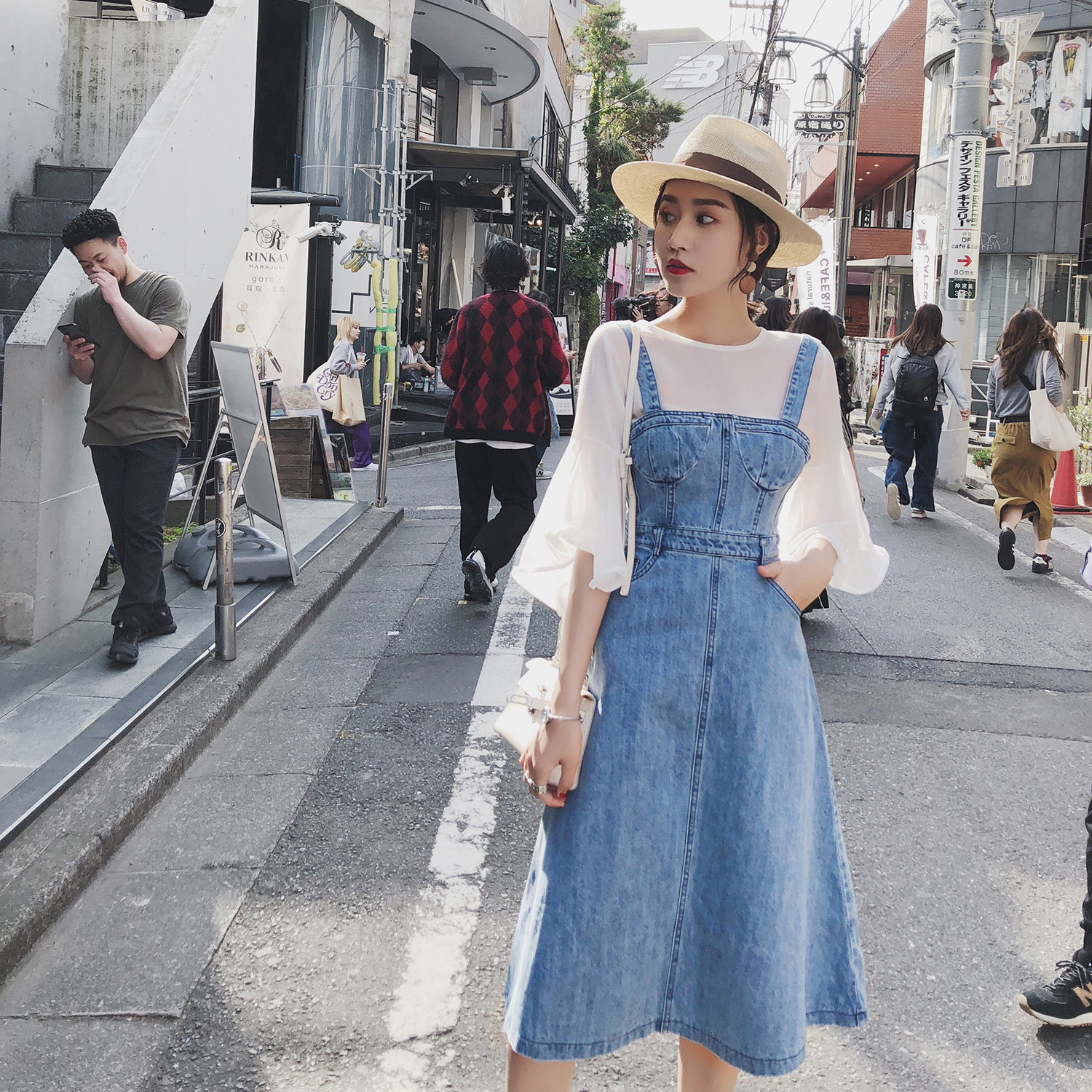 连衣裙女夏2018新款ins超火裙子 韩版高腰显瘦中长款牛仔裙背带