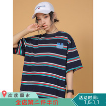 @绿光 条纹短袖女宽松2019夏季新款情侣T恤街头潮流上衣半袖打底