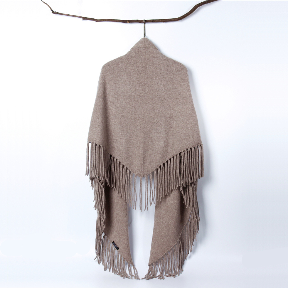 樱美高端紫绒羊绒三角披肩手缝长流苏纯羊绒