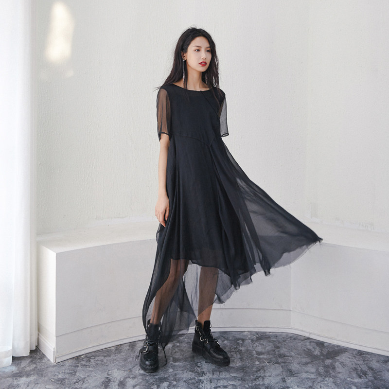 特价黑纱裙连衣裙_轻薄飘逸仙女裙夏2018新款黑纱多拼设计感连衣裙