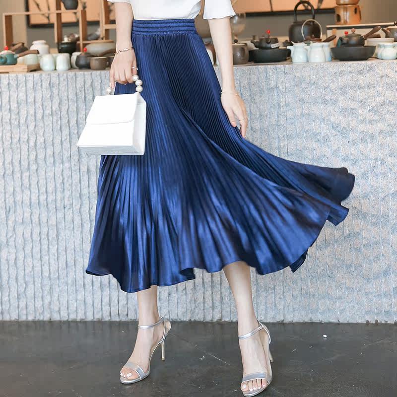 欧洲站夏款女2017新款气质时尚蓝色修身百褶半身裙中长款折叠裙