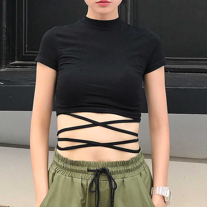 热销性感t恤_2019夏季超短上衣女短款露脐 欧美高腰露腰绑带t恤女紧身