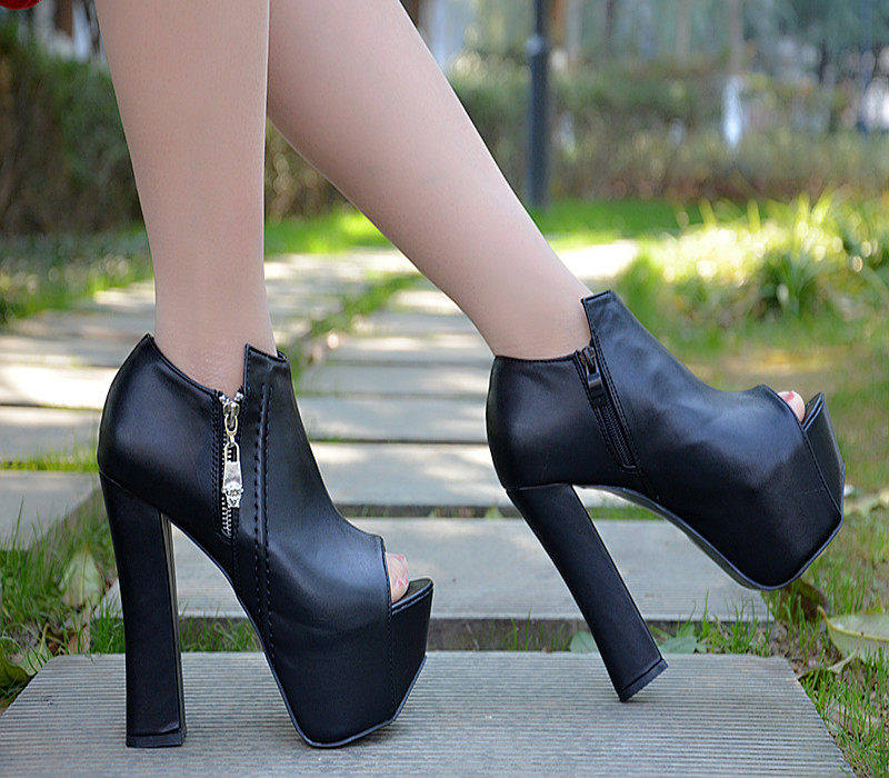 一折粗跟厚底凉鞋_2017夏季新款夜店超高跟鞋14cm性感防水台鱼嘴粗跟