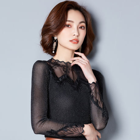 2018春季新款网纱打底衫女长袖黑色小衫春秋大码内搭镂空蕾丝上衣