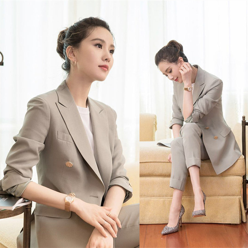 明星唐嫣同款格子西装套装女时尚韩国英伦风女士西服外套两件套春