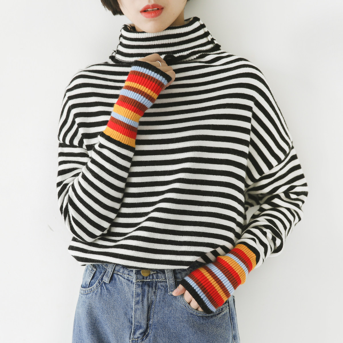 金大班1120/如虹/韩版宽松打底高领条纹针织衫女2017秋冬装新款