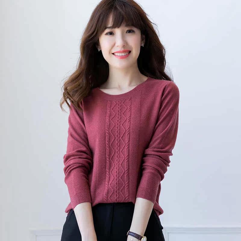 圆领打底衫纽花羊绒衫冬季女装新款羊绒针织衫女式毛圆领羊毛衫
