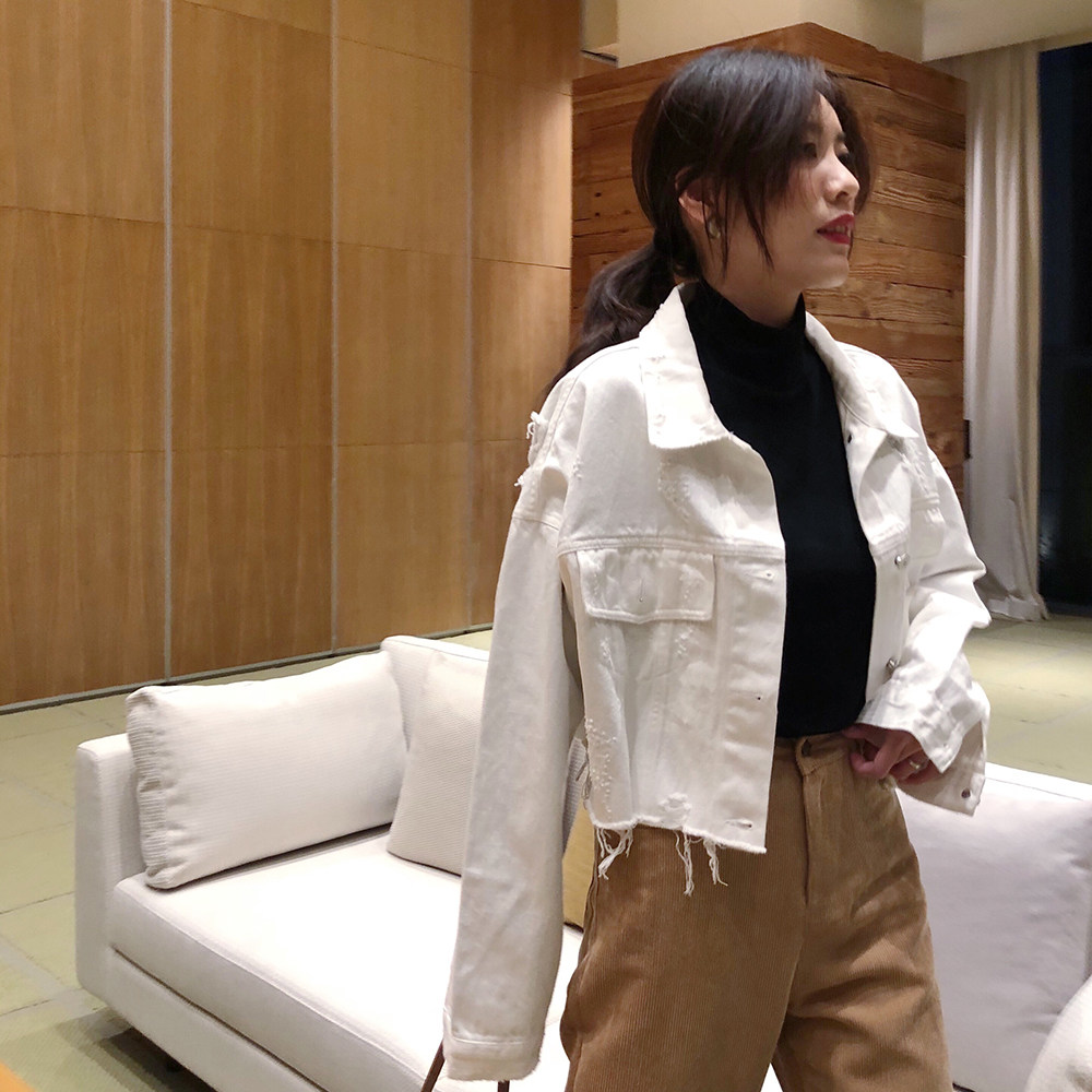 seeksimple 白色牛仔外套女短款新款春秋韩版宽松破洞港风复古夹克