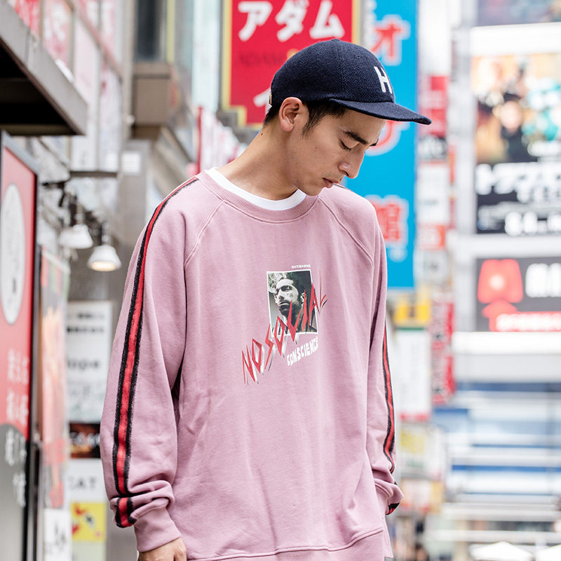 粉色卫衣男圆领_nothomme日系潮牌套头卫衣男款宽松版条纹印花高街风