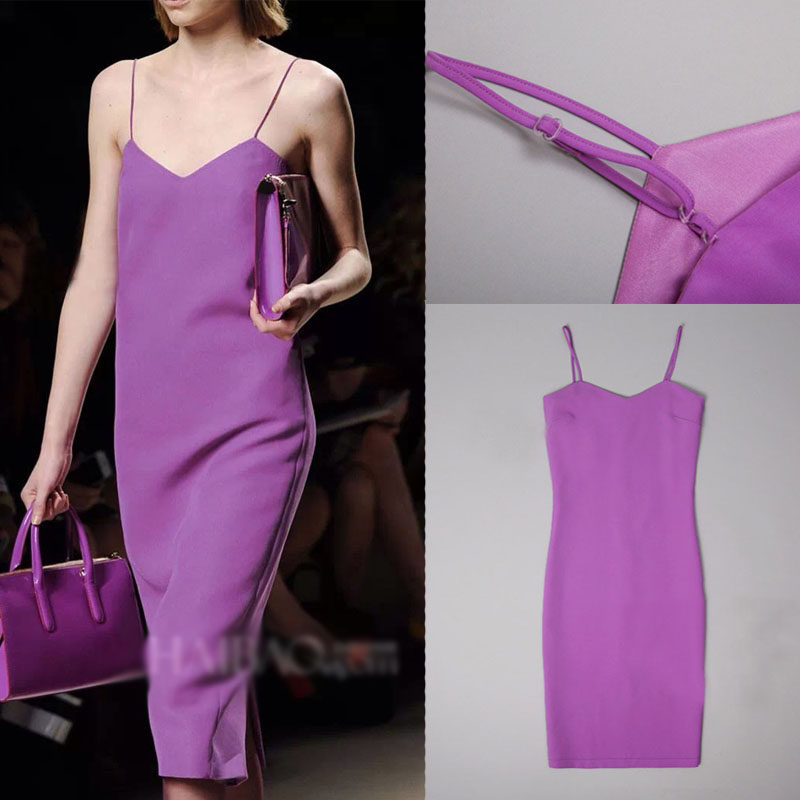 iu同款裙_2019夏新款iu明星同款连衣裙中长款修身紫色无袖吊带气质