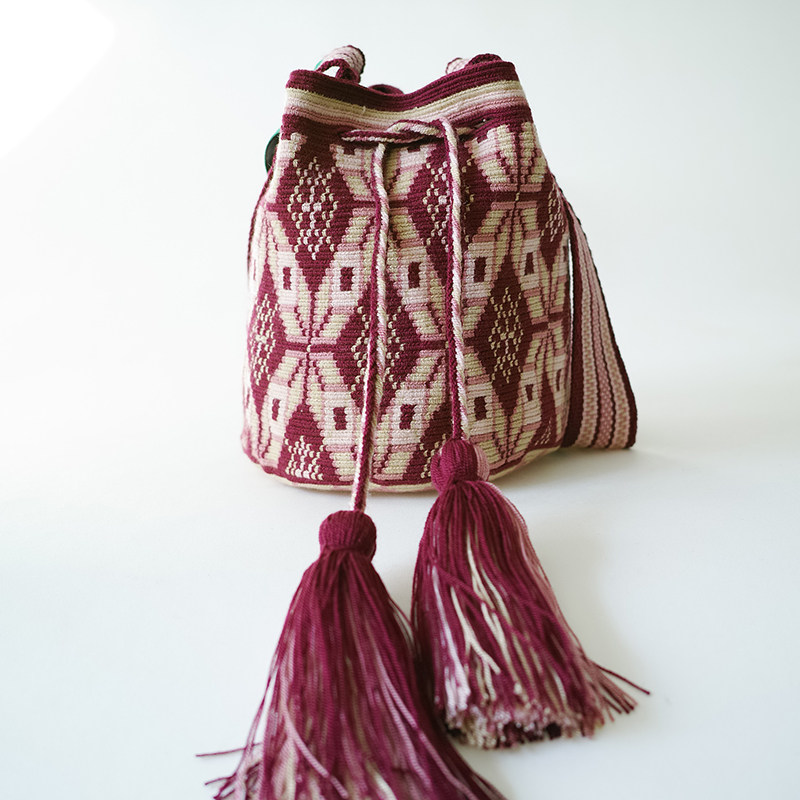 哥伦比亚wayuu部落手工编织瓦尤包水桶包双股大号紫米色特价