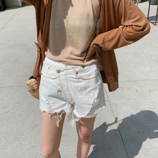 韩国代购个性新款不规则斜边低腰白色溜须边直筒一分裤女牛仔短裤