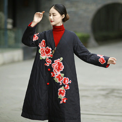 格格冬装新款民族风女装棉麻大v领复古刺绣开衫中长棉衣大衣