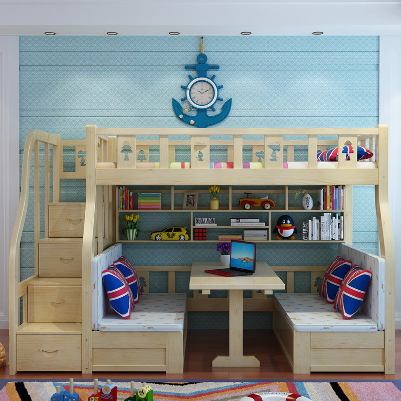 儿童 床男孩 带扶栏 双层子母床高低床上下床滑梯床书桌床1.2米