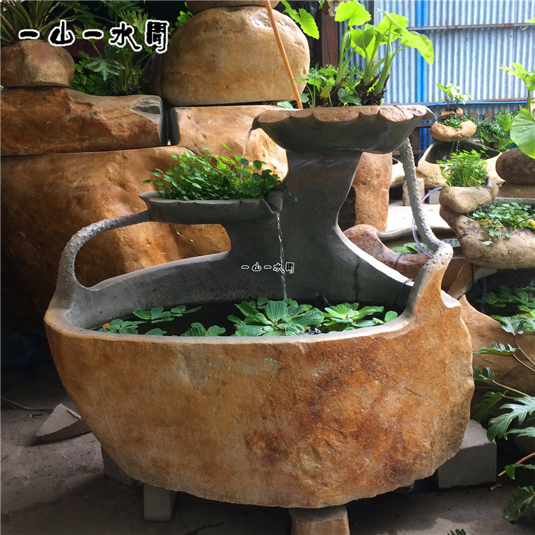 流水风水鱼池石材户外鱼缸落地镇宅石槽循环流水假山水系现代简约