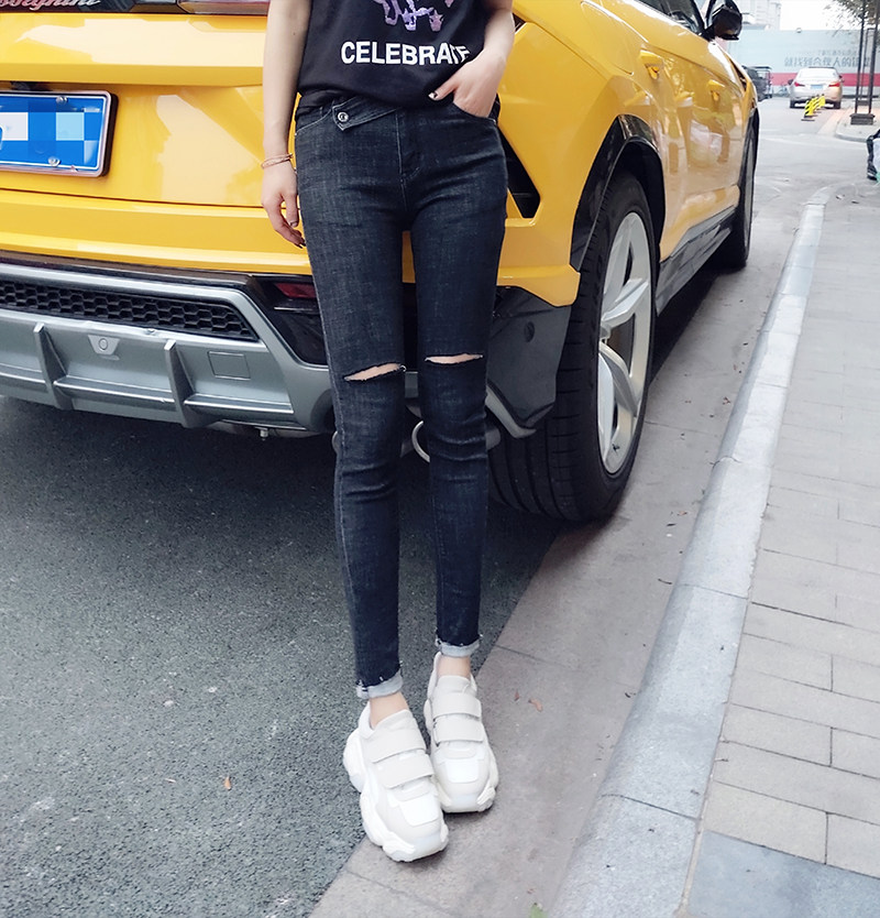 特价破洞牛仔_薇娅定制2019新款破洞雪花黑色显瘦牛仔裤 qss006511