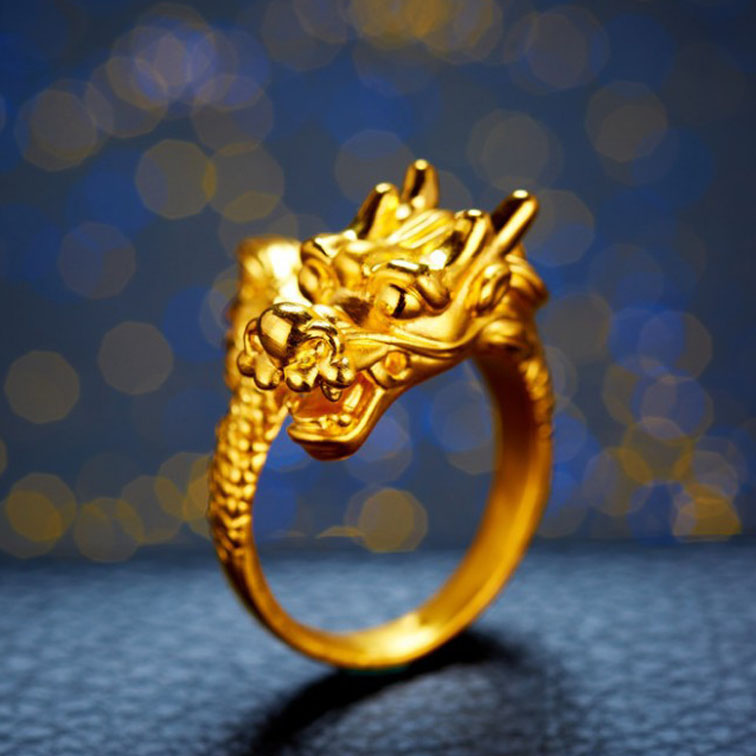 金饰品男 生肖_龙临天下镀金龙头戒指沙金欧币镀3d硬金男款开口指环