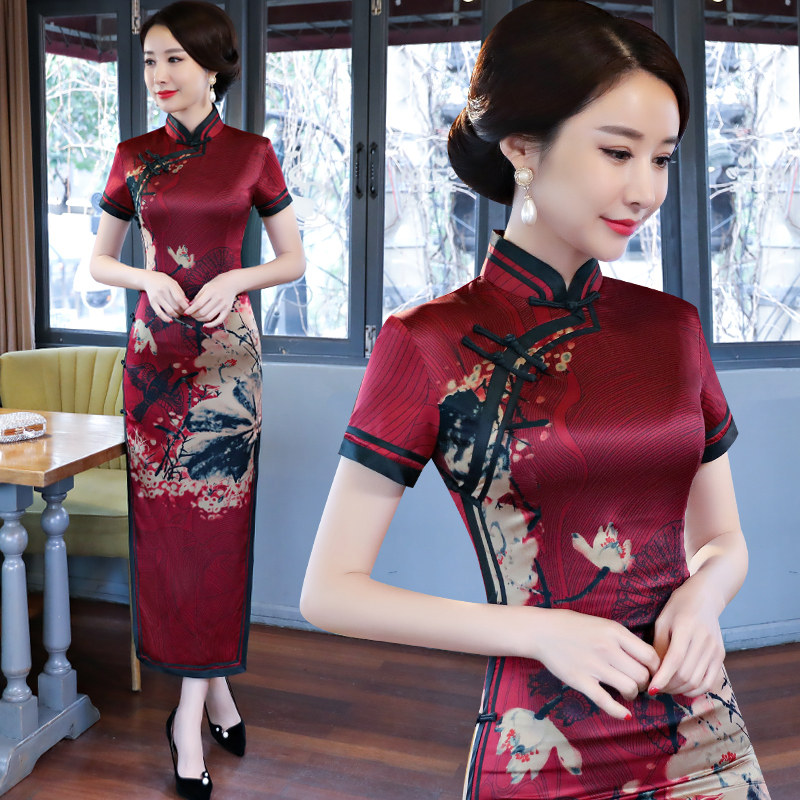 一折夏装旗袍连衣裙_高领旗袍中长款丝绸复古中式连衣裙中老年妈妈女