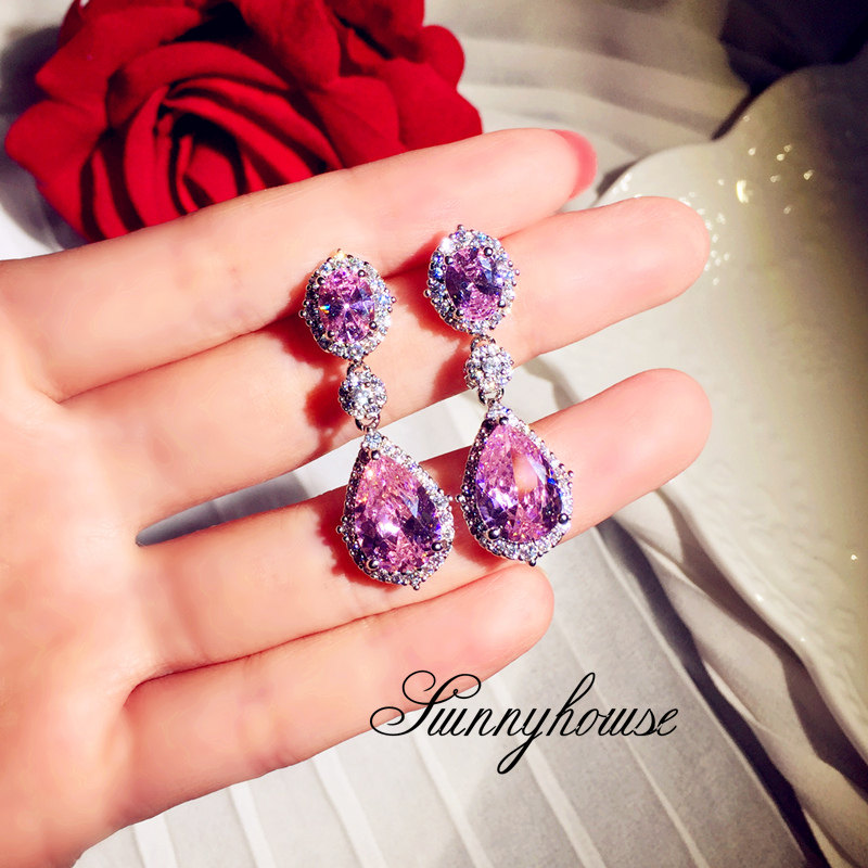 一折粉色水晶耳环