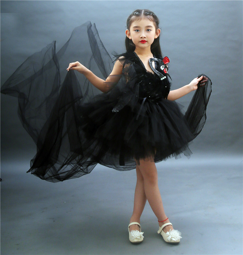 黑色走秀礼服 儿童t台模特黑天鹅配饰气质走秀影楼艺术照服装优惠券