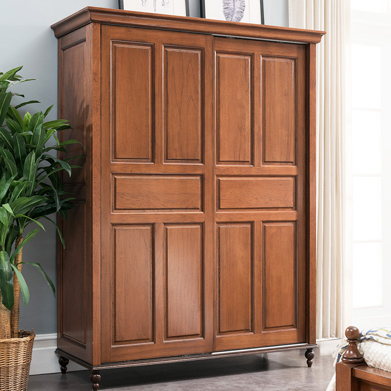 优木家具 纯实木衣柜1.5米 滑门衣柜 山核桃木两门衣柜衣橱美式