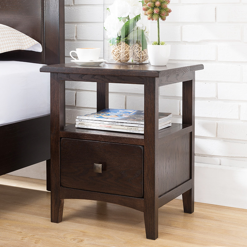 纯实木牀头柜进口红橡木单抽牀头柜灯桌边桌边几美式简约卧室家俱