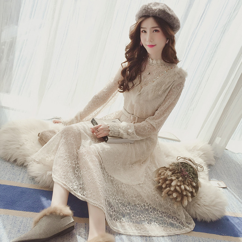 春季新款名媛淑女大v毛毛蕾丝连衣裙中长款收腰显瘦打底超仙裙潮