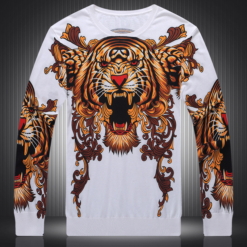 热销虎头毛衣男_中国风秋冬男士个性花式羊毛衫 霸气老虎头动物头像