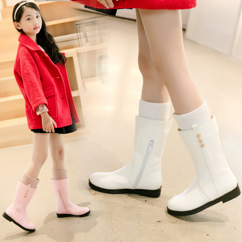 高筒靴2019秋冬新款加绒大童靴子长筒儿童靴棉靴白色公主长靴优惠券