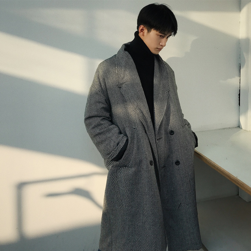 bangboy 自制秋冬款灰色人字纹加棉长款风衣oversize大衣外套男潮
