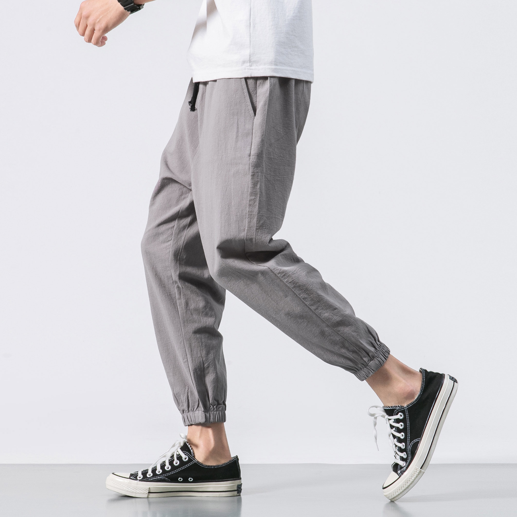 中国风男装裤子 收口_哈伦裤男夏季中国风棉麻收口束脚裤潮男装休闲九