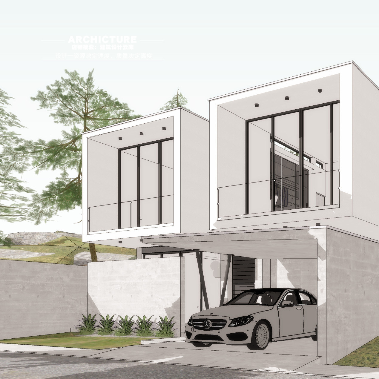 包邮 su(sketchup)山地度假村私人会所2层别墅住宅简约建筑草图su模型