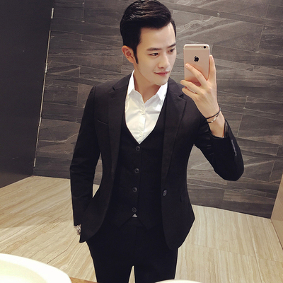 春秋季韩版男士修身一粒扣小西装套装发型师西服三件套新伴郎礼服