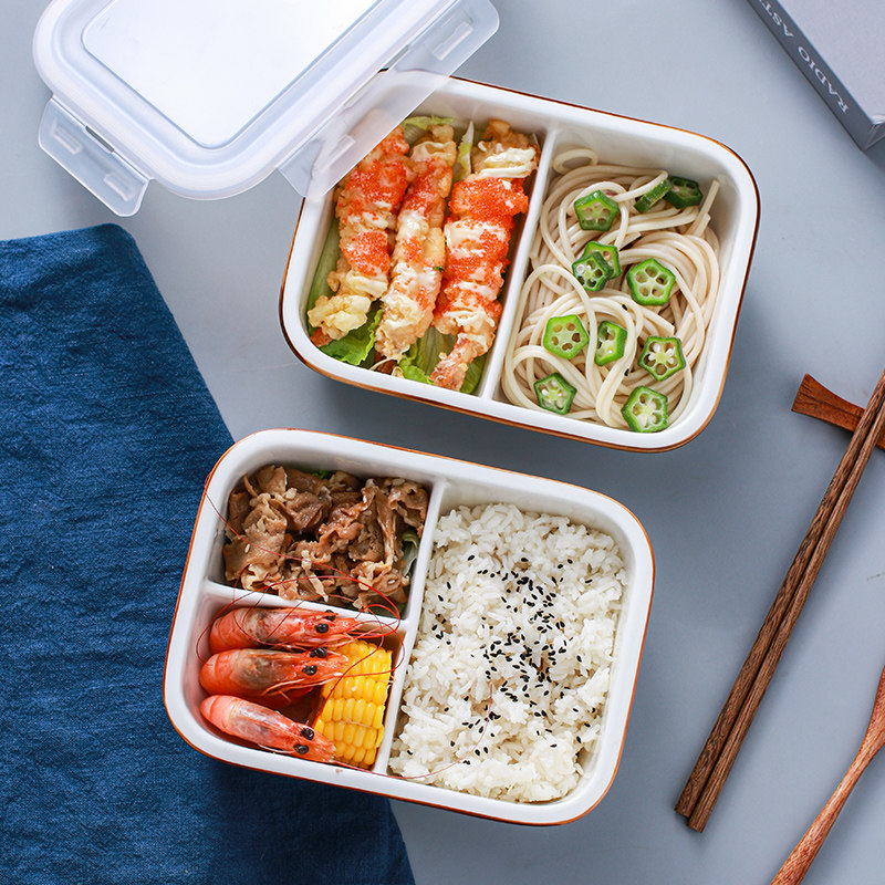 饭盒陶瓷带盖三格学生保温饭盒分隔型上班族便当盒微波炉加热餐盒