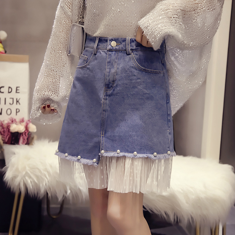 牛仔裙短款2018新款春夏女装网纱拼接包臀裙