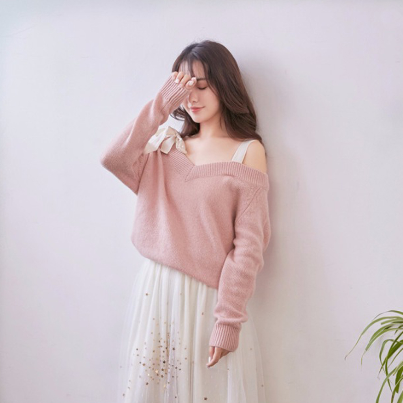 v领套头针织衫初秋新款减龄长袖一字肩蝴蝶结系带粉色毛衣女优惠券