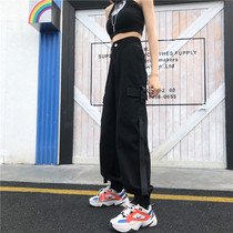 韩版ins原宿风嘻哈运动休闲裤女bf宽松高腰束脚裤黑色工装裤子潮