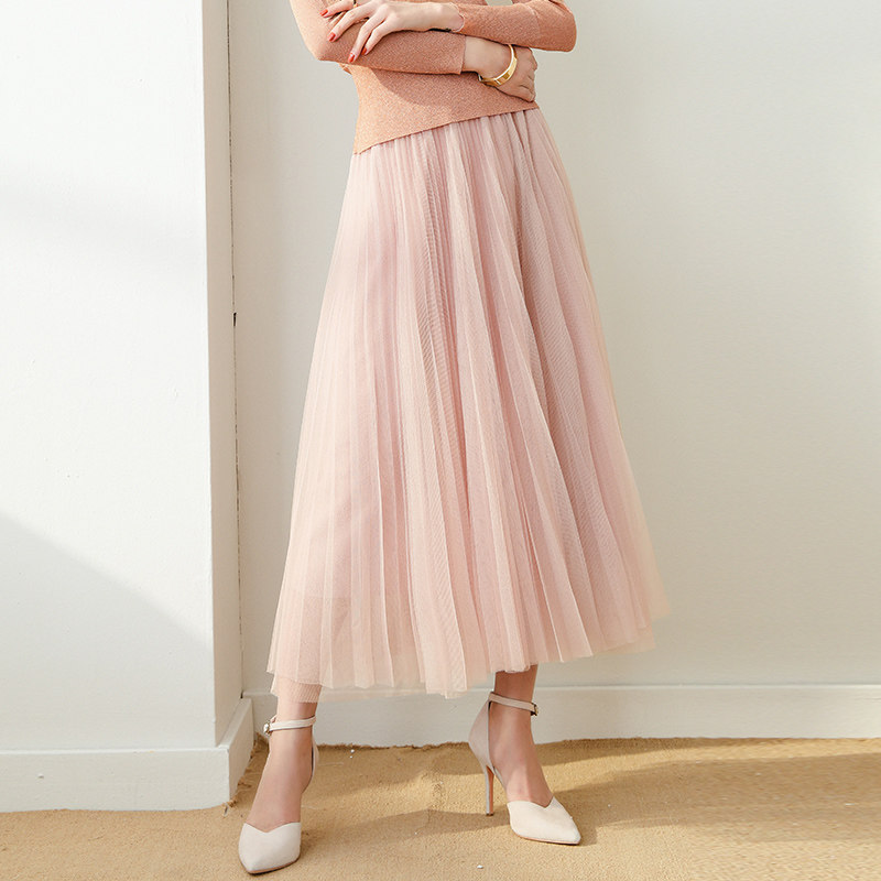微笑女神2018春季 藕粉色网纱半身裙高腰a型百褶裙