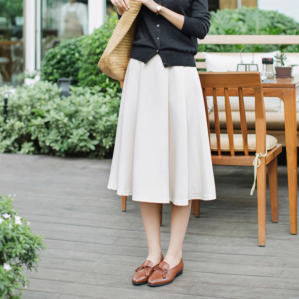 沫里 春夏款复古赫本风高腰大摆伞裙 纯色中长