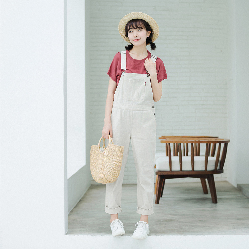 沫里 夏秋款学院风米色百搭直筒背带裤