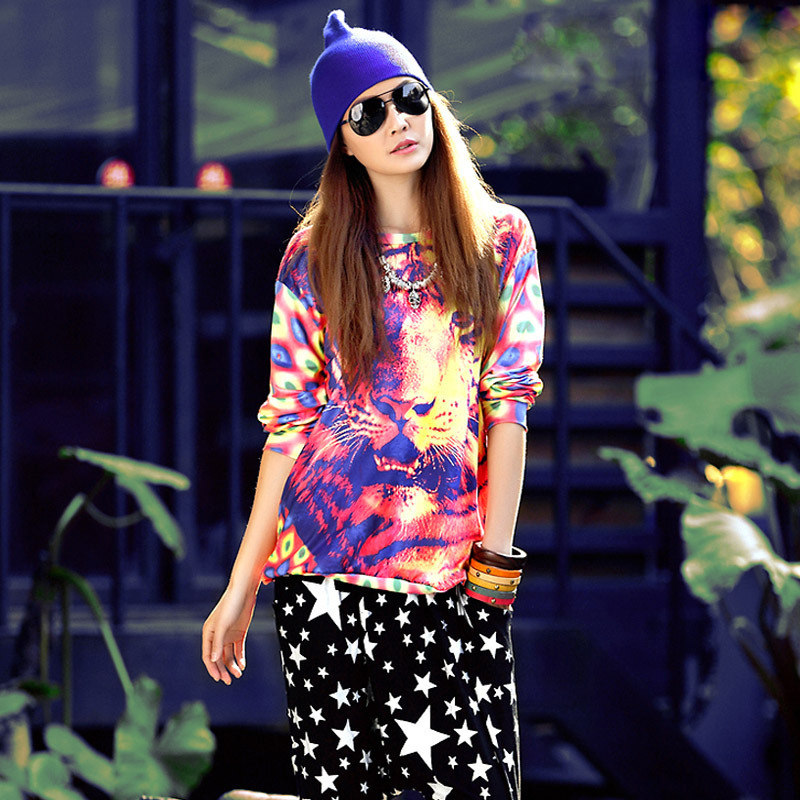 t恤上衣女大码五彩老虎印花长袖欧美风嘻哈个性韩版潮牌女装优惠券