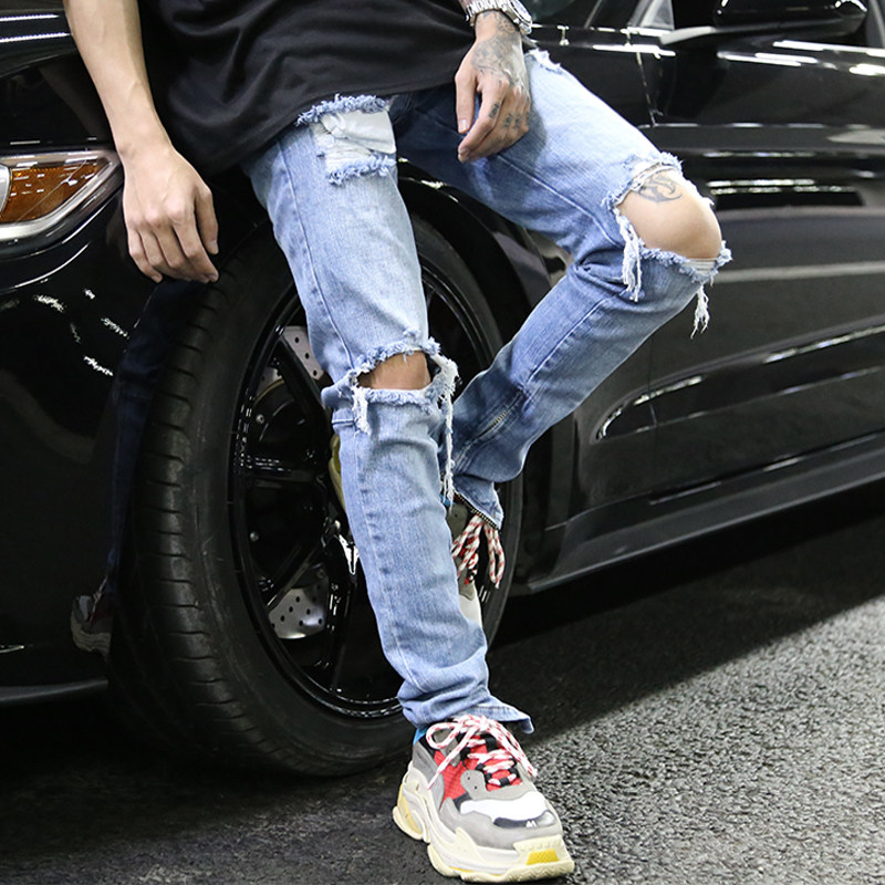 ins同款 欧美高街kanye 乞丐风破洞洗水蓝侧拉链弹力修身牛仔裤gd 券