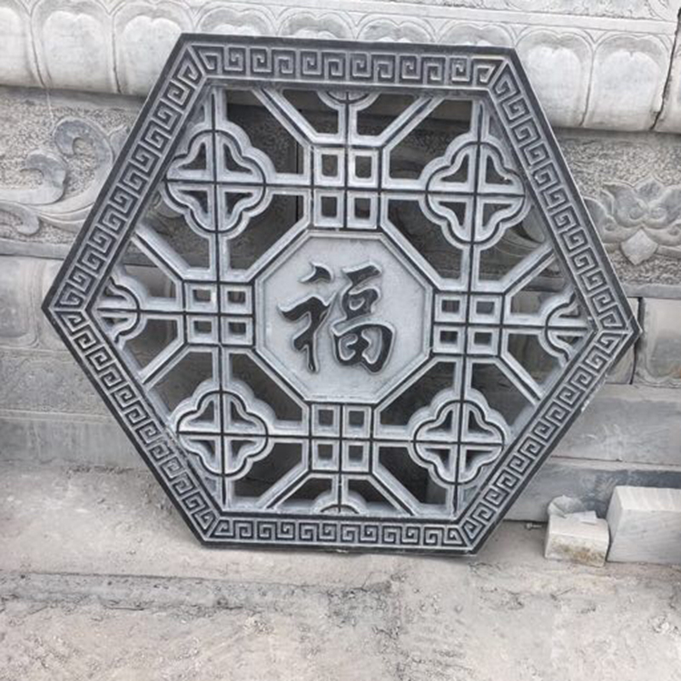 一折影背墙壁画_青石窗花福字镂空庭院景观影背墙壁画室内仿古大理石