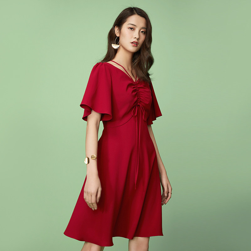 范思蓝恩v领ins超火的红裙子复古显瘦雪纺红色