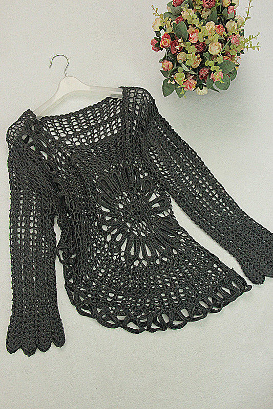 一折黑色网衫_促销针织线手工钩织钩花网衫钩针园领春夏外搭t恤缕空