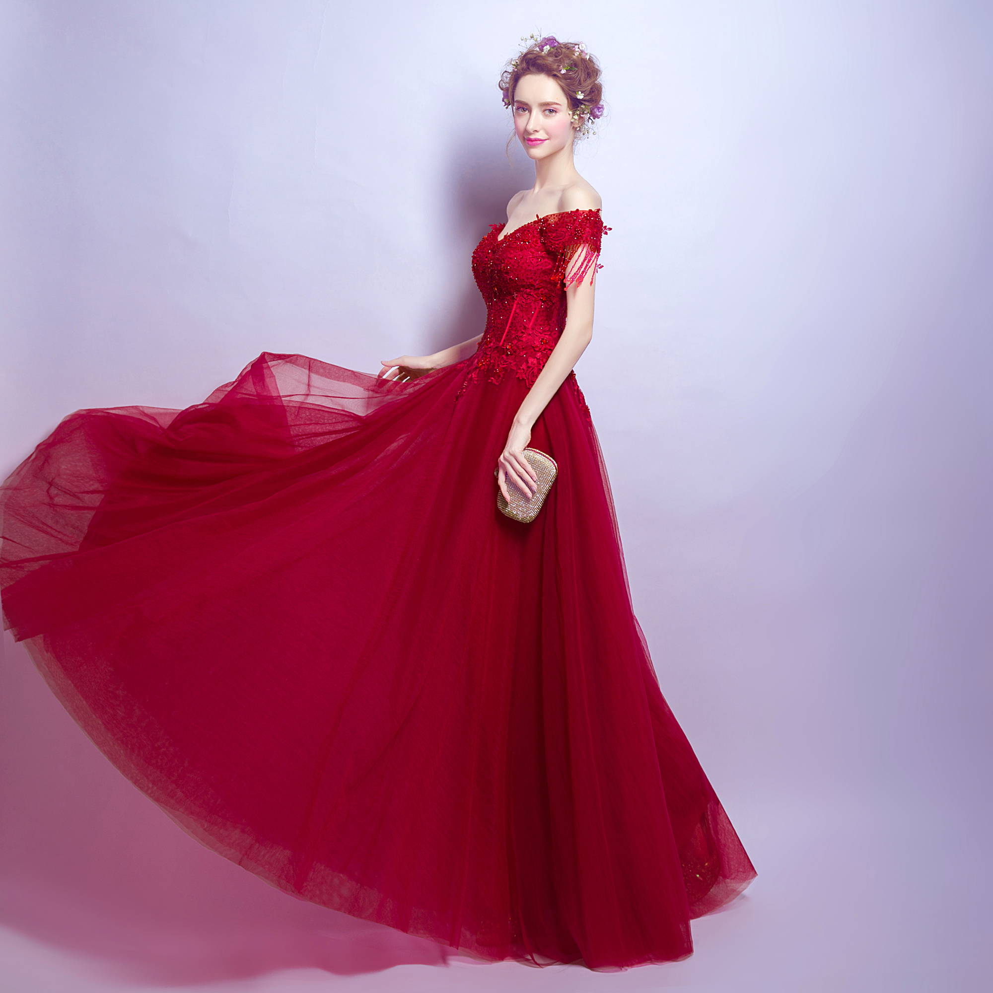 天使嫁衣 气质范儿 红色蕾丝一字肩新娘婚纱礼服结婚敬酒服2800t